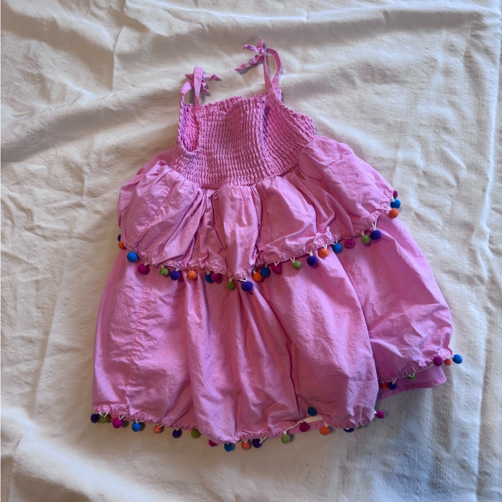 Pink toddler summer sunDress with rainbow Pom-Poms